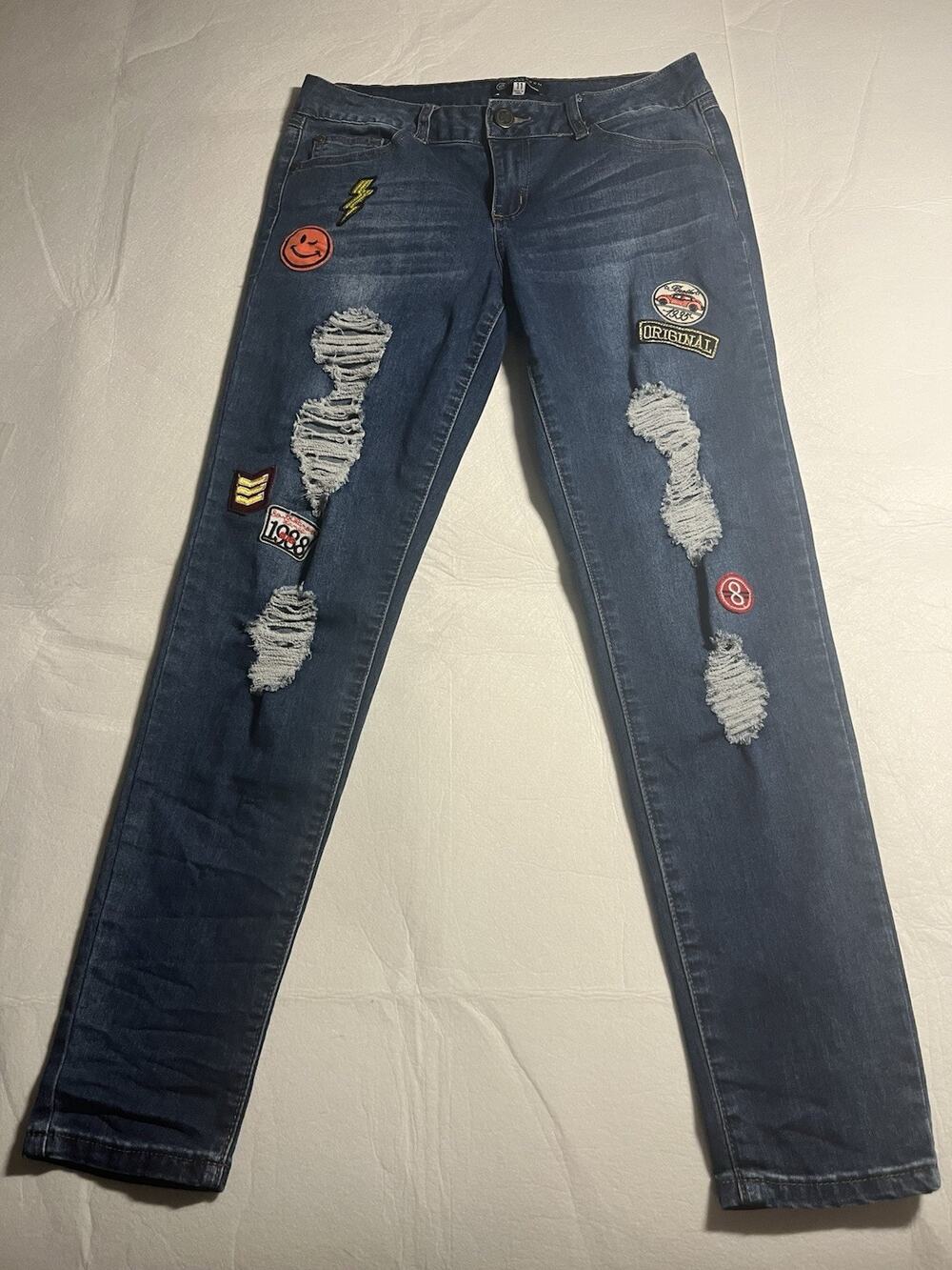 Boom Boom Jeans Womens Juniors 11 Distressed Patch Skinny Jeans Blue Y2K Style